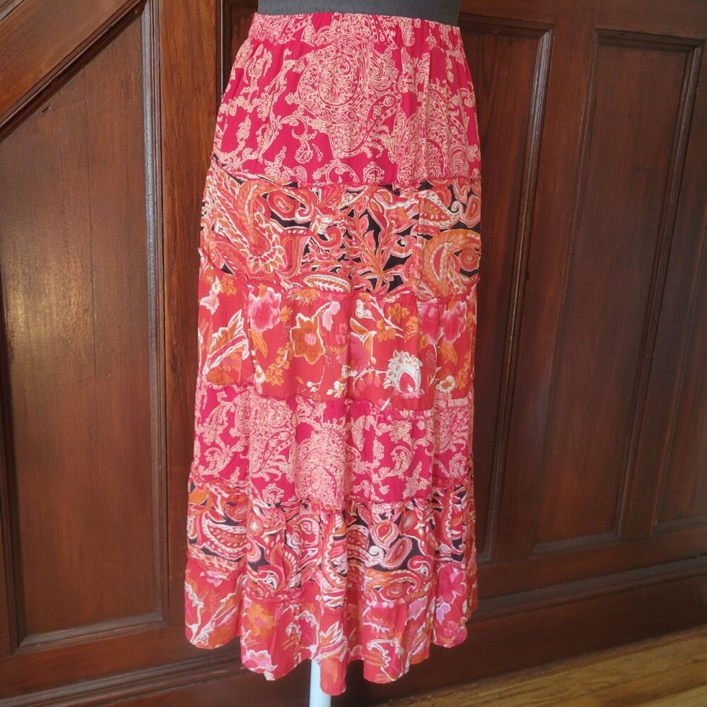 Coldwater Creek Womens Tiered Red & Orange Paisley Floral Maxi Skirt Size PL